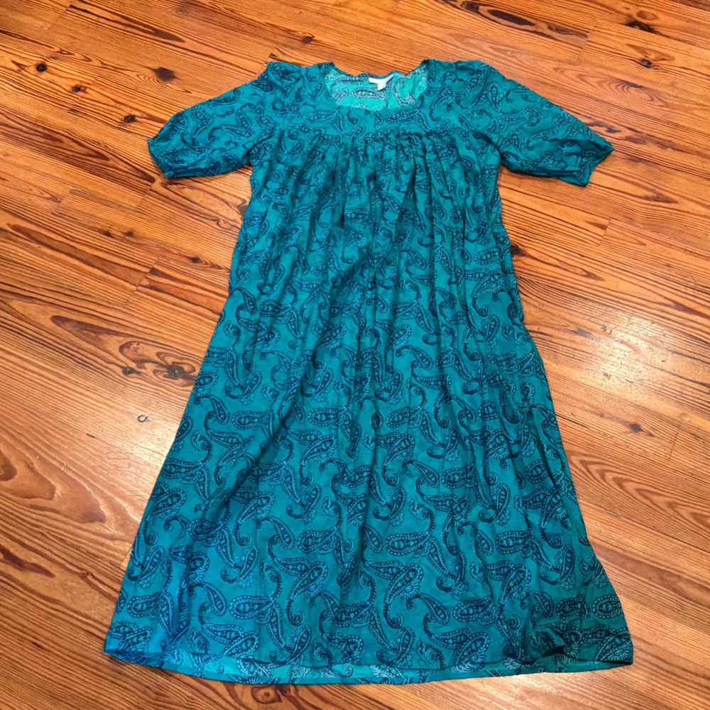 Only Necessities Teal Paisley Nightgown House Dress Pockets L 18/20 Zip EUC